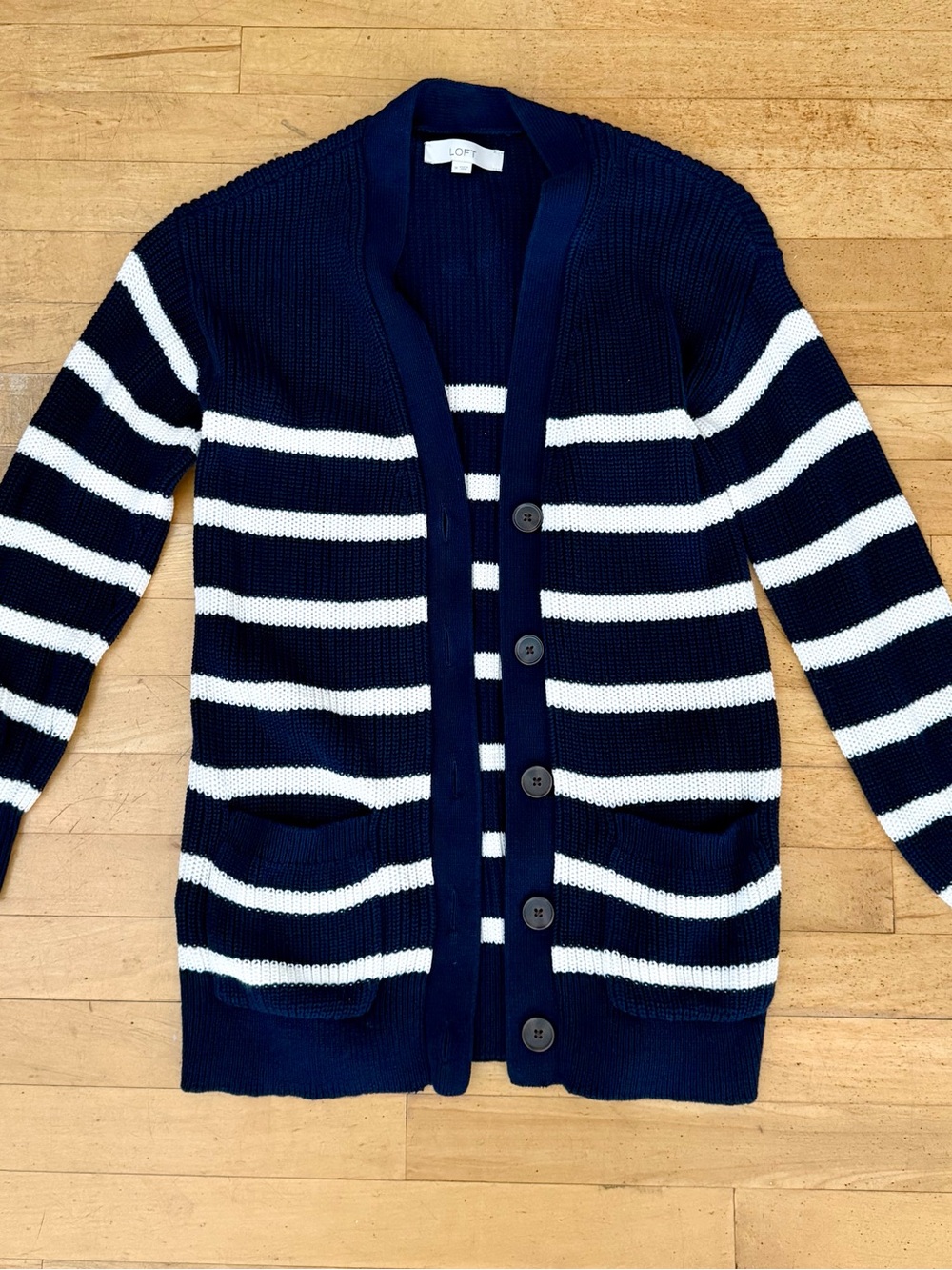LOFT Navy and White Striped Button-Front Cardigan